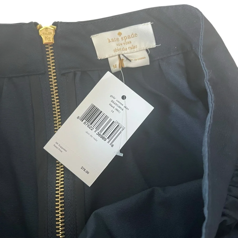 Kate Spade Girls Coreen A Line Skirt‎ Black Exposed Gold Tone Back Zipper 14 NWT